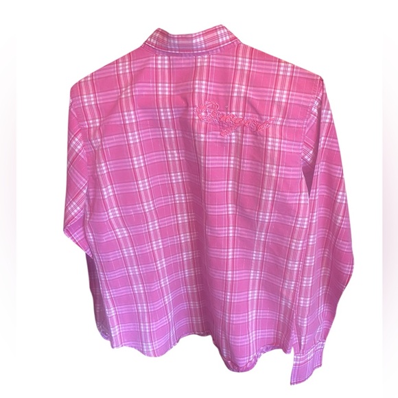 COWGIRL PINK & WHITE EMBROIDERED SHINY THROUGHOUT BUTTON DOWN LONG SLEEVE SHIRT - Picture 4 of 5